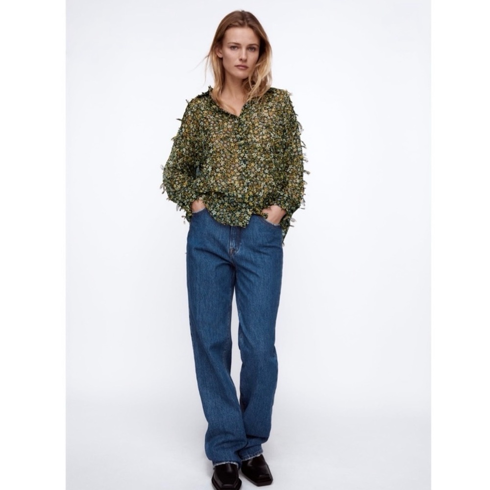 Zara sheer floral appliqué blouse s L